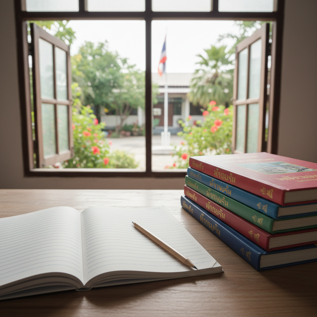 An open notebook with neatly ruled pages, a sharpened pencil, and a stack of well-used Thai-language textbooks arranged on a smooth wooden school desk. Beyond the desk, large open windows reveal a glimpse of a verdant Thai courtyard with flowering plants and a simple flagpole. Soft, diffused daylight enters from the side, illuminating the textured paper, slightly worn book covers, and the subtle grain of the desk. The mood is calm, studious, and optimistic. Shot from a slightly elevated angle using a shallow depth of field, the foreground materials are in crisp focus while the background blurs gently, creating a clean, professional photographic aesthetic that represents educational opportunity and youth learning.