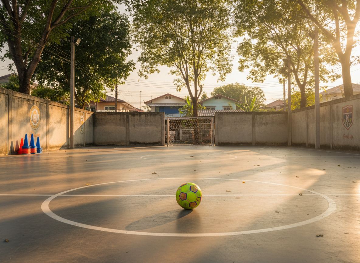 A small, well-kept community sports court in Thailand, with a clearly marked futsal pitch framed by modest concrete walls and shaded by tall tropical trees. A brightly colored football rests precisely on the center circle, and stacks of orange and blue training cones sit neatly at the sideline. Golden hour sunlight filters through the foliage, casting dappled patterns across the smooth court surface and creating a warm, hopeful glow. Shot from a low angle near the ball, the composition emphasizes depth, leading the eye toward the far goal and the gentle blur of a nearby neighborhood. The photographic realism and balanced framing convey opportunity, structure, and community development through sport.