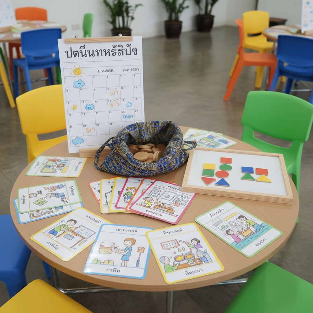A colorful collection of life skills training materials arranged on a low table in a community room: laminated cards with illustrated scenarios, a cloth bag filled with smooth wooden tokens, a large paper calendar with hand-drawn icons, and a simple whiteboard with magnetic shapes instead of text. Around the table, sturdy plastic chairs in different colors suggest regular youth workshops. Soft, even overhead lighting brightens the space without harsh shadows, reflecting off the slightly glossy surfaces. The atmosphere is welcoming, organized, and practical. Captured at eye level with a balanced composition and sharp focus throughout, the photographic image conveys structured life skills development for young people in Thailand without showing any people directly.