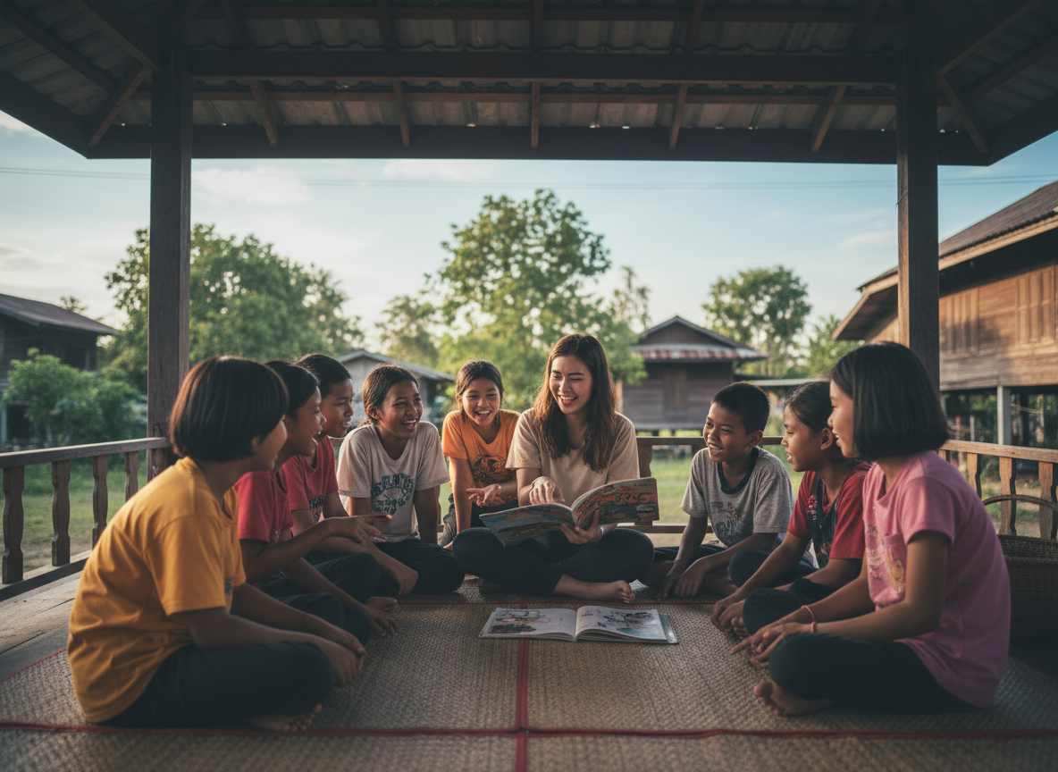 Young people in Thailand sharing a hopeful moment of connection and learning outdoors